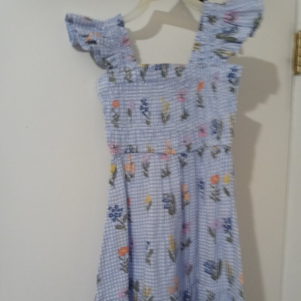 Cotton on Kids Blue/White Squares Flutter Sleeve Floral Print Dress 5